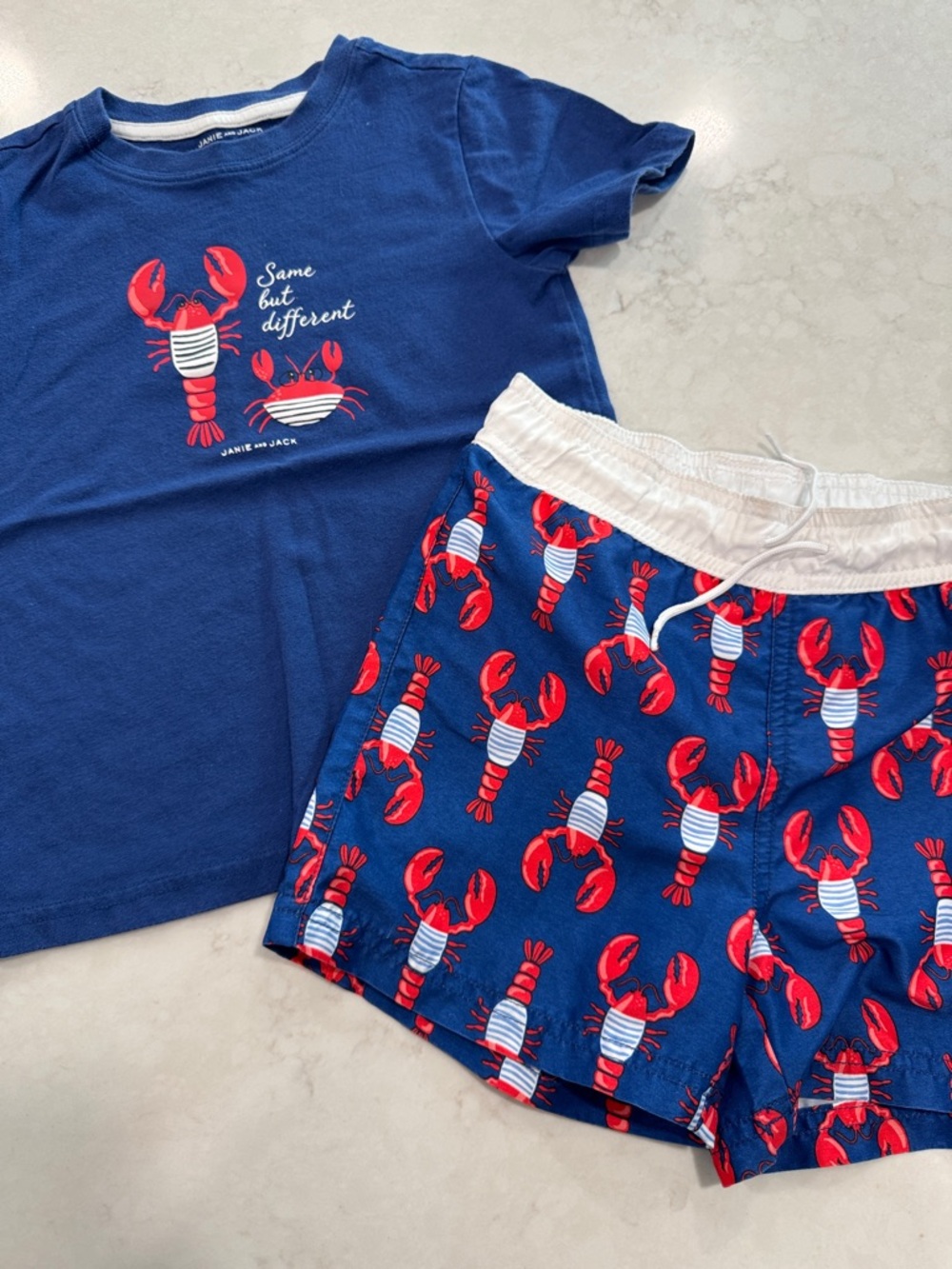 Janie and Jack Navy Blue and Red Crab Swim Trunks and Cotton Shirt